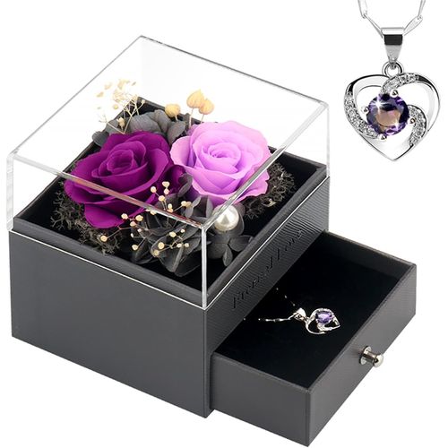 Cadeau Femme-2 Vraie Rose Éternelle Avec Collier, Anniversaire Saint Valentin Noël Fête Des Mères Cadeaux Pour Sa Femme Maman Grand-Mère Amie
