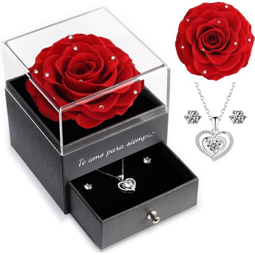 Rose Eternelle Avec Parure De Bijoux Brillante, Cadeau Anniversaire Femme, ¿Je T'aime Pour Toujours¿En Espagnol Imprimé Sur La Boîte, Cadeaux De Saint-Valentin Pour Elle,Vraie Rose