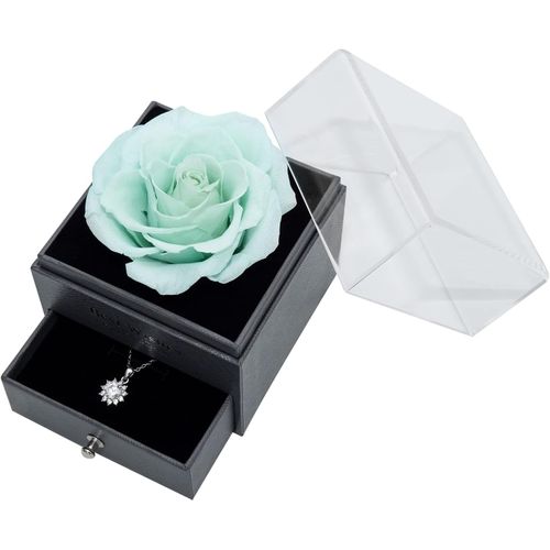 Coffret Véritable Rose Éternelle Boîte À Bijoux Avec Collier En Diamants Cadeau Romantique Pour Amis Amoureux Famille Collègues Bleu Clair