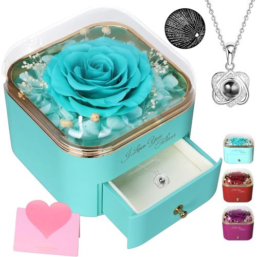 Coffret Cadeau Véritable Rose Stabilisé Avec Collier ""Je T'aime"" En 100 Langues, Cadeau De Rose Éternelle Pour Femme, Fille, Cadeau Pour La Fête Des Mères, Anniversaire, Noël