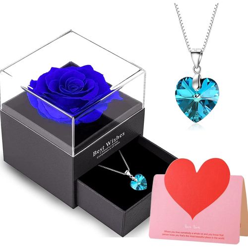 Rose Éternelle, Rose Éternelle Avec Collier, Rose Éternelle Boîte Cadeau, Rose Éternelle Vraie Avec Pendentif Rubis Argent 925 Femme, Fête Des Mères Anniversaire De Mariage Pour Elle