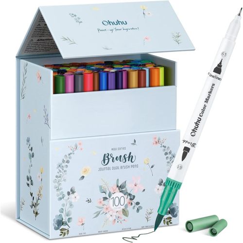 Feutre Coloriage Adulte, 100 Couleurs Aquarelle Stylos Feutres Double Pointe Fine Et Pinceau Pour Calligraphie Mandala Dessin Colorant, Maui Boîte Blanche.[G443]