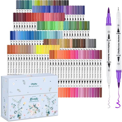 160 Feutre Coloriage Adulte, Aquarelle Stylos Feutres Double Pointe Fine Et Pinceau Pour Calligraphie Mandala Dessin Colorant, Maui ¿ Boîte Blanche.[G442]