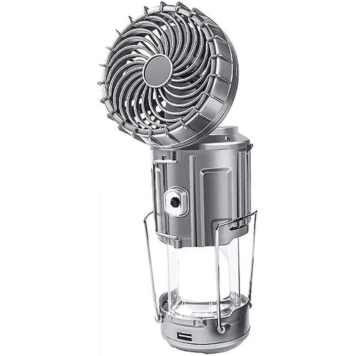 Lanterne Solaire De Camping 6 En 1 Avec Ventilateur, Lampe Led De Randonnée, Lampe De Pêche En Plein Air Portable, Argent