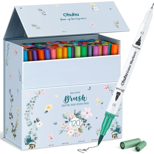Feutre Coloriage Adulte, 120 Couleurs Aquarelle Stylos Feutres Double Pointe Fine Et Pinceau Pour Calligraphie Mandala Dessin Colorant, Maui Boîte Blanche.[G227]