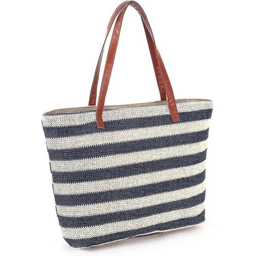 Sac De Plage Cabas En Paille Rayé Et Cousu Avec Zip Bleu