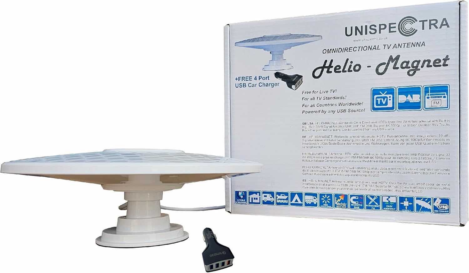 Amplified Magnet Digital Omnidirectional HD TV Antenna High Gain 33dB TNT DVB-T2 FM Dab 12V 24V 5V USB Ideal for Heavy Duty Truck Caravan Boat or Camping ®