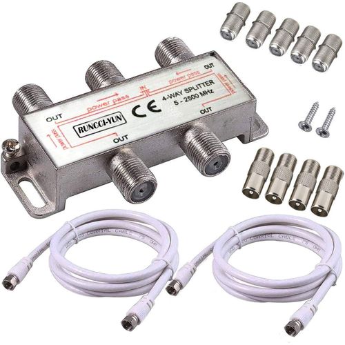 4-Way Indoor CATV Broadband TV Splitter MoCA 5-2500MHz with 2 x 1.5 m Coax Cable F Sockets for Sky Box Telewest Eurovox Starview Dreambox