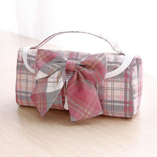 Trousse Mignonne À Carreaux Avec N¿Ud Papillon, Pochette À Crayons, Marqueur En Toile, Étui À Stylos Portable