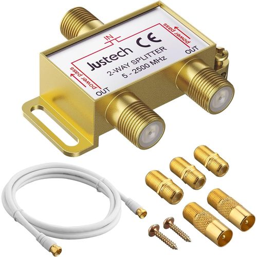 TV Aerial Splitter Gold Plated 2 Way MoCA 5-2500MHz Coaxial Cable Splitter with 1.5m Coaxial Cable,F Connector for Sky Box,Telewest,Eurovox,Starview,Dreambox