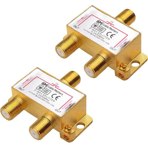Pack of 2 Bi-Directional Coaxial Cable Splitters (DTT TV Antenna Splitter) 2.4 GHz 2 Way for STB TV,Antenna and MoCA Network-Power Transmission to All Ports