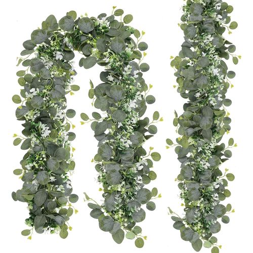 2 Pieces Eucalyptus Garland,Artificial Plant Garland 1.8 m Hanging Green Leaves Decor with White Flowers Silver Dollar Garland Eucalyptus Wedding Decoration