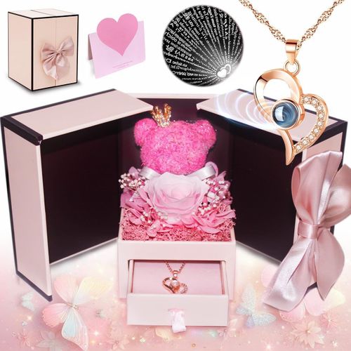 Eternal Rose Gifts For Women,Pure Pink Flowers With Pink Bear And Heart Necklace 100 Languages,Gift Set For Mother Girlfriend Wife Valentine's Day Christmas Mother's Day Gift