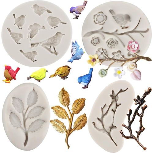 4 Pcs Bird Tree Branch Mold Fondant Mold Flower Leaf Chocolate Mold for Cake Decorating Cupcake Decoration Candy Polymer Clay