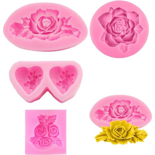 Soap Moulds,4 Pieces 3d Flower Shape Candle Mold Set For Cake Decorating Chocolate Handmade Candy Making (Pink)