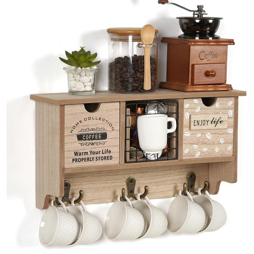 Étagère Murale Rustique En Bois Pour Tasses À Café Avec 3 Paniers Amovibles Et Double Crochet,Support Mural Pour Tasses À Café Et Tasses À Expresso