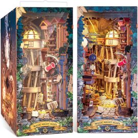 Puzzle 3D en Bois Book Nook Kit, Maquette en Bois à Construire Puzzle 3D Maison de poupée miniature à monter soi-même avec LED, serre-livres à insérer dans une étagère (Allée nocturne magique)