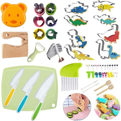 Couteaux en bois pour enfants pour la cuisine, couteaux sécurisés pour enfants, outils de cuisine Montessori pour enfants coupe (ensemble de 47 pièces comprenant des emporte-pièces de dinosaure)