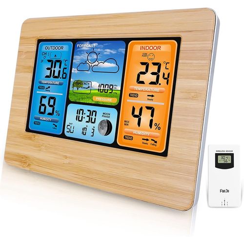 Station Météo Numérique Sans Fil Avec Capteur Extérieur, Thermomètre Intérieur Et Extérieur Avec Temps, Température, Humidité, Baromètre, Réveil (Bois Updates)
