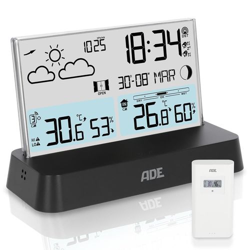Station météo numérique avec capteur extérieur | température intérieure et extérieure | hygromètre, baromètre, thermomètre | calendrier et phases de lune | réveil radio | avec éclairage | noir