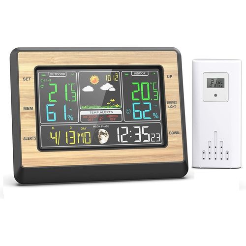 Station météo sans Fil avec capteur extérieur, thermomètre hygromètre baromètre intérieur extérieur, écran LCD avec Alarme Date prévisions météorologiques Phase de Lune réveil