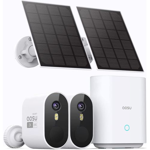 2K Caméra Surveillance WiFi Extérieure sans Fil, Solar Security Cameras Kit, Base+2 cam, sans Abonnement - Enregistrement Local, Angle de Vue 166°, Vision Nocturne, Détecteur de Mouvement, IP67.[G823]