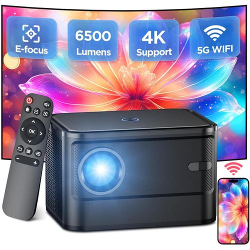 Mini Projecteur, Mise au Point Motorisée/Correction Trapézoïdale Motorisée, Prend en Charge Le Décodage HD 4K, 6500 Lumens à Haute Luminosité,Correction Numérique ±15,Cinéma WiFi Double Bande 5G