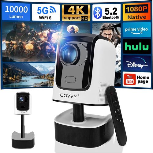 Projecteur rétractable avec Fonction panoramique/Inclinaison, vidéo Home cinéma Full HD 1080p avec Wi-FI et Bluetooth, Prend en Charge 4K, Home cinéma Portable d'extérieur pour(Blanc)