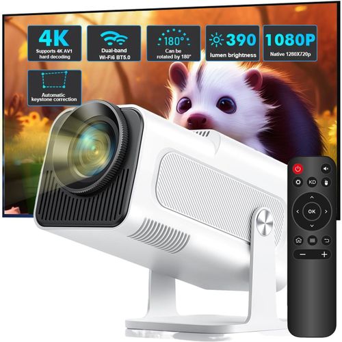 Mini projecteur 4K, Full HD 1080p, vidéoprojecteur portable, projecteur d'extérieur Smart WiFi-6 Bluetooth, correction trapézoïdale automatique (#A blanc)