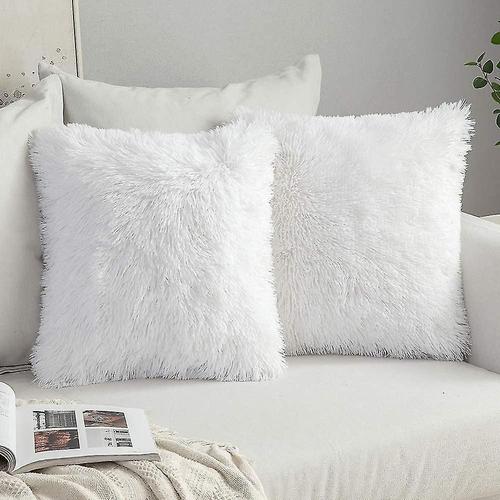 Lot De 2 Coussins Moelleux En Fausse Fourrure, Taie D'oreiller Douce 43x43 Cm, Blanc