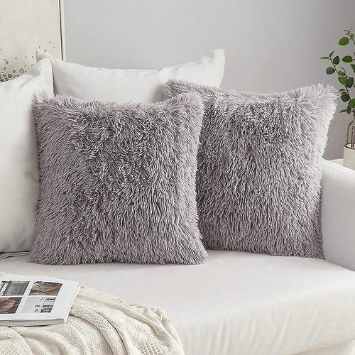 Lot De 2 Coussins Moelleux En Fausse Fourrure, Taie D'oreiller Douce 43x43 Cm, Gris