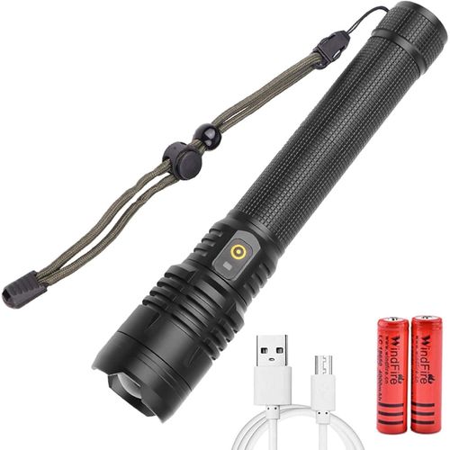 Lampe de poche LED XHP90 Puissante 60000 lumens, USB Rechargeable Zoomable 3 Modes IPX-6 Etanche pour Camping Urgence Lampe de Poche en Plein Air (Xhp90 avec 18650 (2 piles)).[G1139]