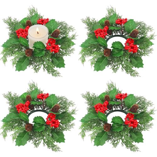 Lot de 4 Anneaux de Bougies de Noël 25 cm Bougies de Noël Guirlande Bougie Sapin Artificielle Baies Rouges avec Pomme de Pin pour Centre de Table de Noël