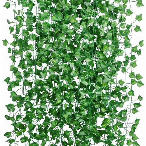 12Pcs 2m Artificiel Lierre Guirlande Plante Artificielle Exterieur Faux Lierre Feuillage Artificiel Feuille Guirlande Décoration Interieur + 100pcs Attaches Câble-