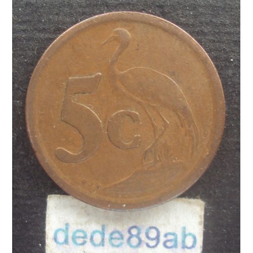 Afrique Du Sud . Pièce De 5 Cents 1994 ( South Africa - Suid - Africa ) Armoiries Et Grue Du Paradis ( Pièce Non Nettoyée )