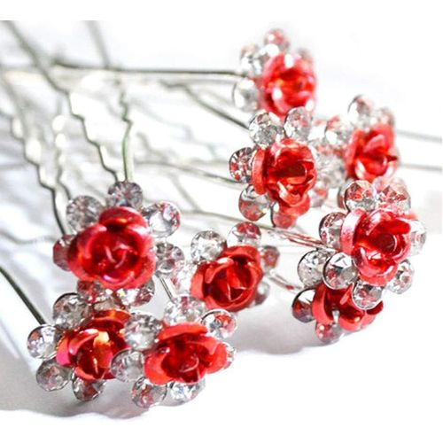 Weddecor Argent Barette Cheveux Avec Strass Rose Design Fleur & Strass Mariage Noces Clips Pour Femmes & Filles Tout Type De Cheveux - Rouge, 10