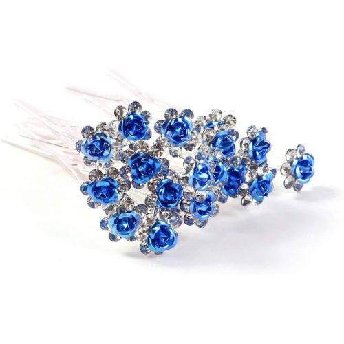 Weddecor Argent Barette Cheveux Avec Strass Rose Design Fleur & Strass Mariage Noces Clips Pour Femmes & Filles Tout Type De Cheveux - Bleu, 40