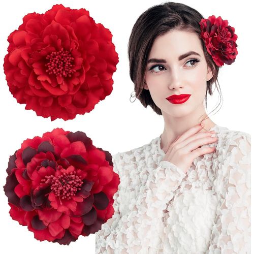 2pcs Barrette Pivoine Rouge Pince Cheveux Broche De Fleur Artificielle Flamenco Clip Cheveux Coiffure De Marié Pour Femme Fille