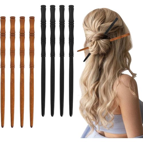 8pcs Retro Wooden Hair Bâtons Cheveux Bois Baguettes Cheveux, Support Cheveux En Forme De Bambou, Pour Chignons Cheveux Longs (Brun + Noir)
