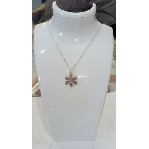 Collier Flocon De Neige Argente Strass ! Neuf !
