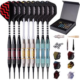 Flechette Pointe Plastique Fléchettes 9 pcs 18 Grammes avec 50 Pointe Flechette Plastique 20 Anneaux en Caoutchouc 27 Vol Flechettes pour Cible Electronique