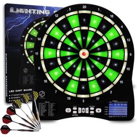 Jeu de Flechette électronique Lumineux, Cible Flechette,6 Flechette Pointe Plastique,50 Pointes Souples,48 Jeu Principals et 500 Jeux Variations Cibles Électroniques pour 8 Joueurs