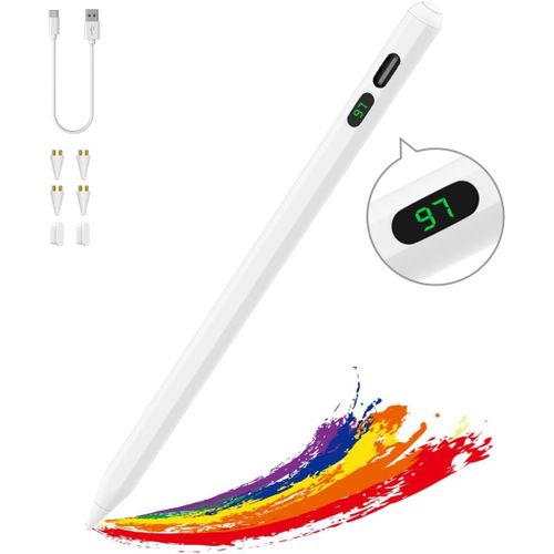 Stylo Écran Tactile Capacitif Stylus, Stylet Universel À Charge Rapide Compatible Avec Ipad/Iphone/Android/Ios/Xiaomi/Tablette, Stylet Écran Capacitif Avec Affichage De Puissance, Blanc