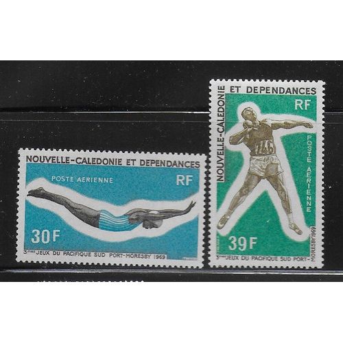 Nouvelle-Caledonie Poste Aerienne 1969 : 3è Jeux Sportifs Du Pacifique-Sud À Port-Moresby : Plongeon / Lancement Du Poids : Série Entière De 2 Timbres À 69 F. Neufs **