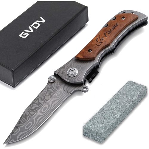 Couteau Pliant Gravé Je T'aime Avec Pierre À Aiguiser Couteau De Survie Chasse En Acier Inoxydable 7cr17, Poignée En Bois, Blocage De Sécurité, Pour Homme