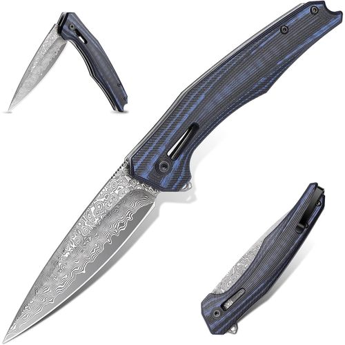 Damas Couteau De Poche Tranchant Couteau Pliant Avec Lame En Acier Damassé Couteau De Chasse Pliant Avec Clip Pour Les Collections En Plein Air,Cadeaux Pour Hommes