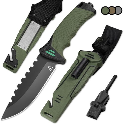 The Hunter X Green Couteau De Survie À Lame Fixe 12 Cm Acier Inoxydable Couteau De Chasse Couteau Tatou Machette Camping Accessoires Allume Feu Et Pierre À Aiguisseur Inclus