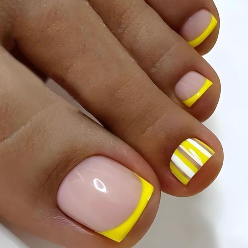 24 Pièces Faux Ongles D'orteil, Français Couverture Complète Toe Nails Artificiels, Faux Ongles Pieds Pour Femmes Et Filles Nail Art Décorations - Rayures Jaune Vif 