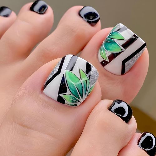 24 Pièces Faux Ongles D'orteil, Français Couverture Complète Toe Nails Artificiels, Faux Ongles Pieds Pour Femmes Et Filles Nail Art Décorations - Plantes Colorées 