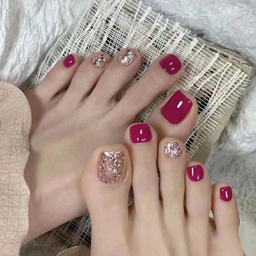 24 Pièces Ongles D'orteil, Français Faux Ongles Pieds Artificiels À Couverture Complète En Acrylique Pour Femmes Et Filles Nail Art, 12 Tailles - Rose Cerise 